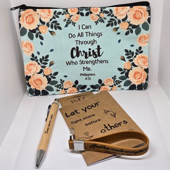 NEW INSPIRATIONAL FAITH CANVAS POUCH, NOTEPAD, PEN, BOOKMARK & KEYCHAIN GIFT SET - Picture 1 of 10